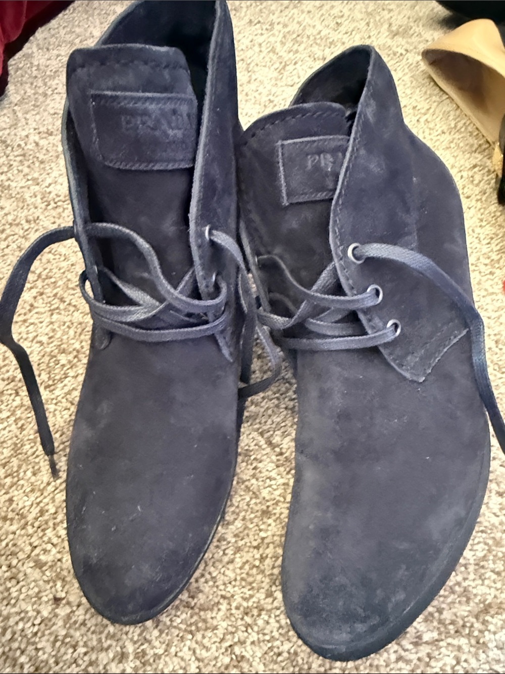 Prada Navy Suede Lace-Up Wedge Ankle Boots - Picture 5 of 6
